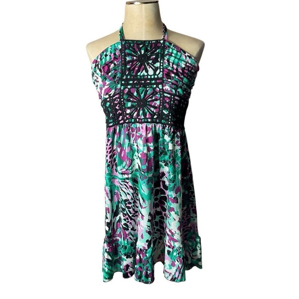 Susie Rose Womens Multicolor Floral Crochet Halter Neck Ruffle Dress Large
